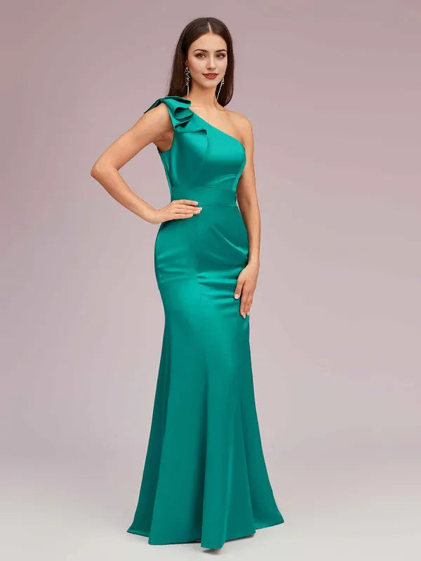 Robe Weitese élégante à une épaule, robe longue sirène en satin, robe de soirée à volants sans manches, robe de bal